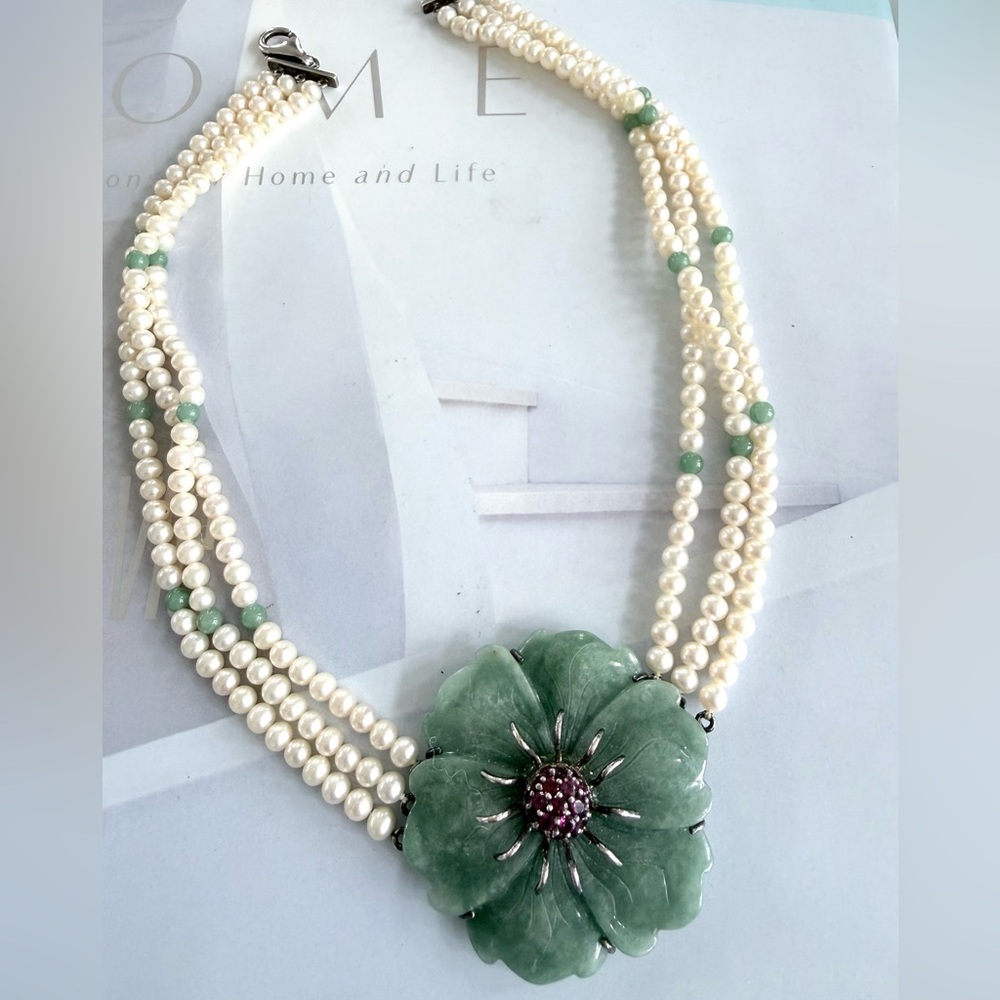 Harriet Kelsall jade with pink tourmaline 925 silver  Pearl  Floral Necklace